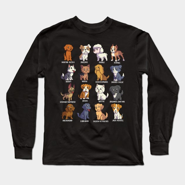 Various Kawaii Cartoon Dogs - Dog Breeds Long Sleeve T-Shirt by Modern Medieval Design